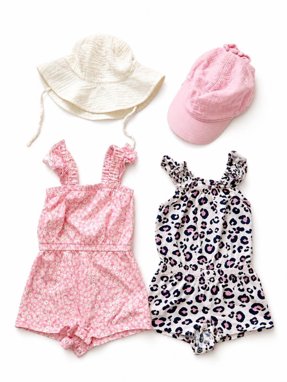 Toddler Girls Pink Floral & Leopard Romper Set with Sun Hats